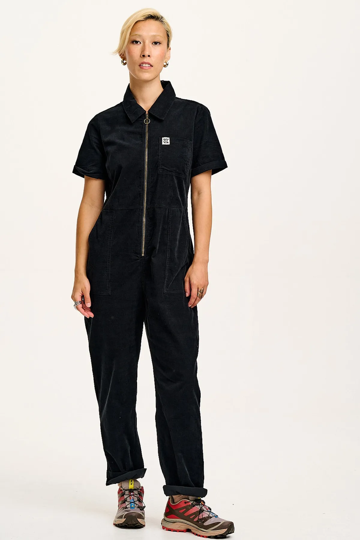 Lucy & Yak Rex - Short Sleeve Corduroy Jumpsuit in Black