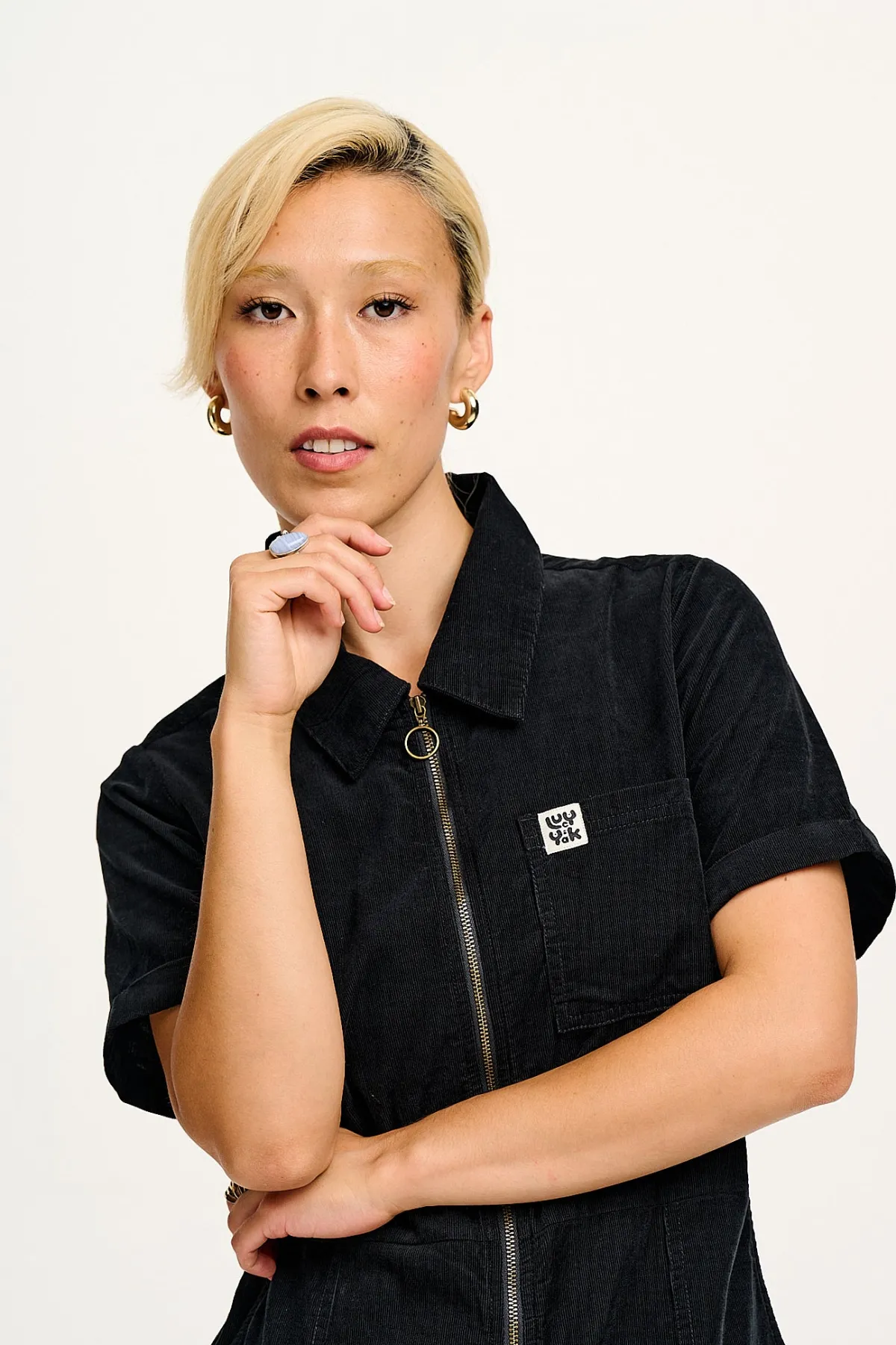 Lucy & Yak Rex - Short Sleeve Corduroy Jumpsuit in Black