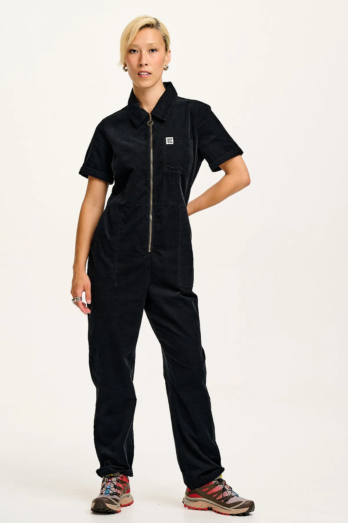 Lucy & Yak Rex - Short Sleeve Corduroy Jumpsuit in Black