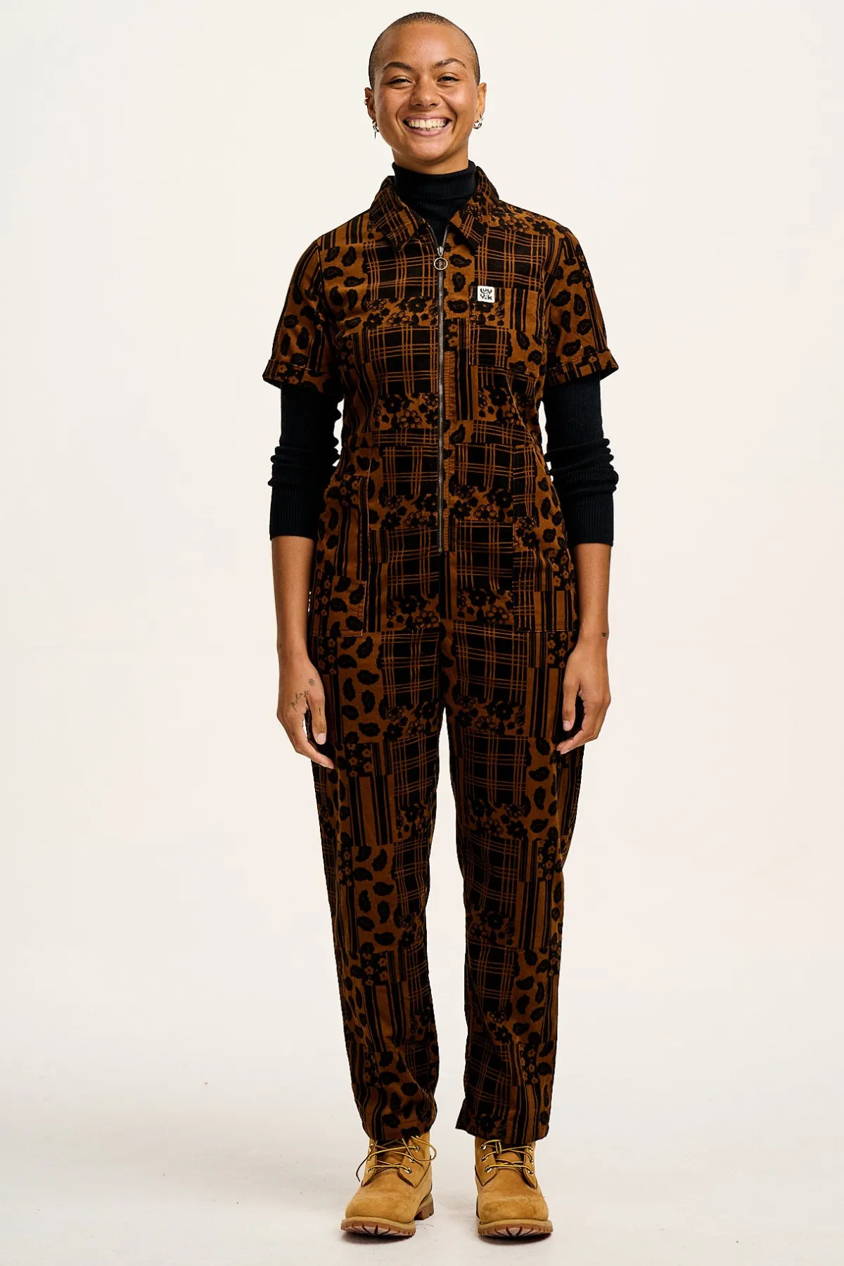 Lucy & Yak Rex - Short Sleeve Corduroy Jumpsuit in Brown Penny Patchwork Print