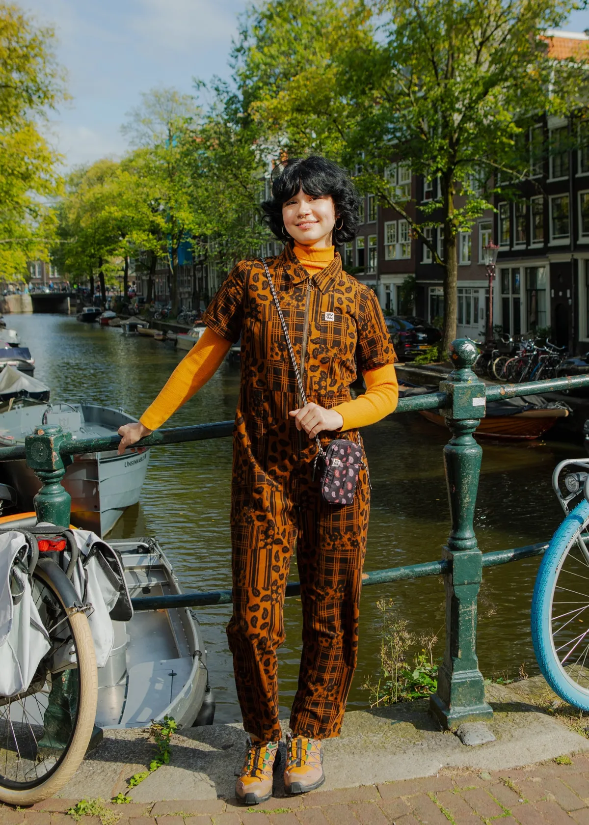 Lucy & Yak Rex - Short Sleeve Corduroy Jumpsuit in Brown Penny Patchwork Print