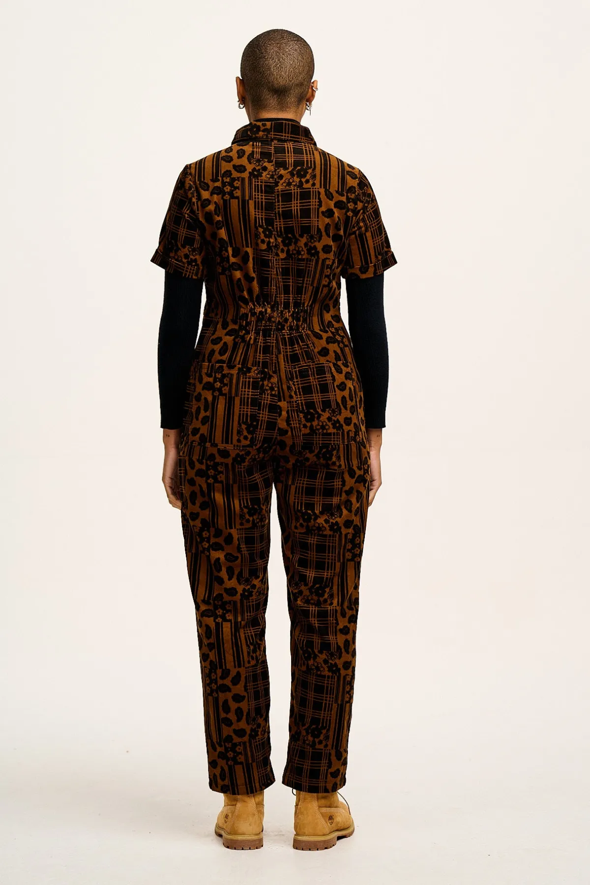 Lucy & Yak Rex - Short Sleeve Corduroy Jumpsuit in Brown Penny Patchwork Print