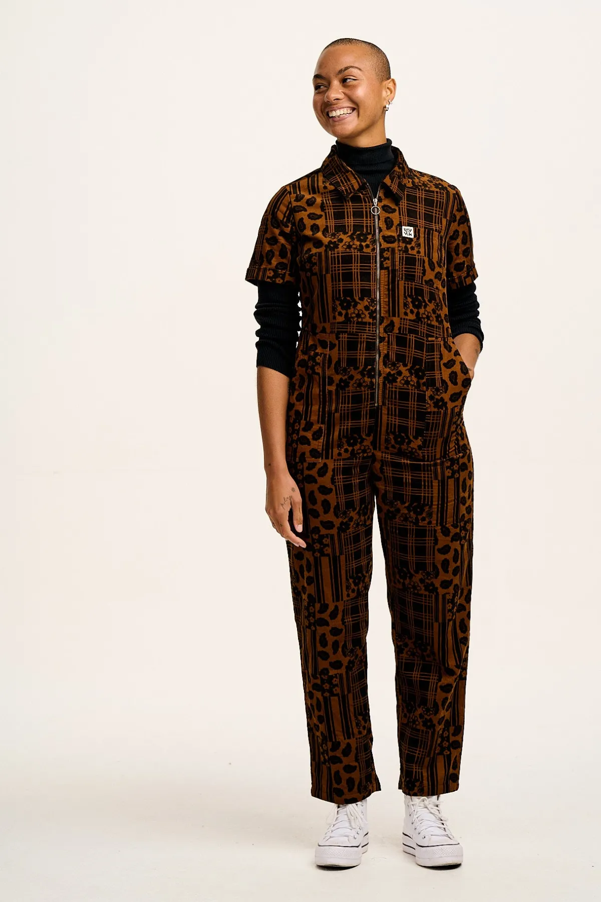 Lucy & Yak Rex - Short Sleeve Corduroy Jumpsuit in Brown Penny Patchwork Print
