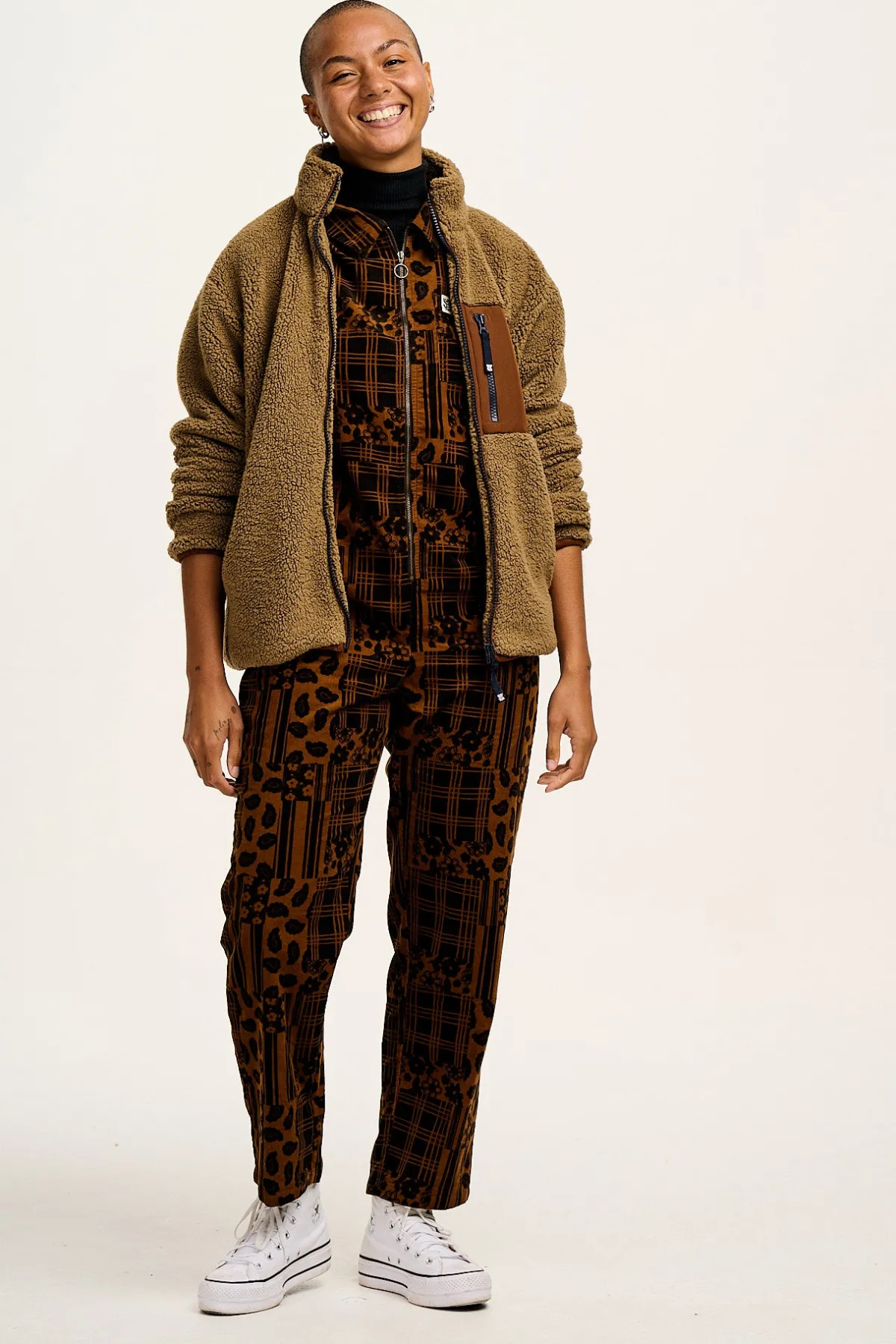 Lucy & Yak Rex - Short Sleeve Corduroy Jumpsuit in Brown Penny Patchwork Print