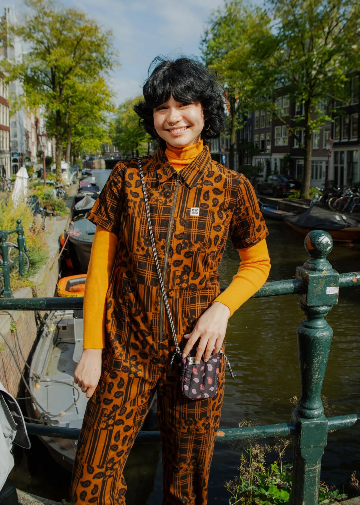Lucy & Yak Rex - Short Sleeve Corduroy Jumpsuit in Brown Penny Patchwork Print