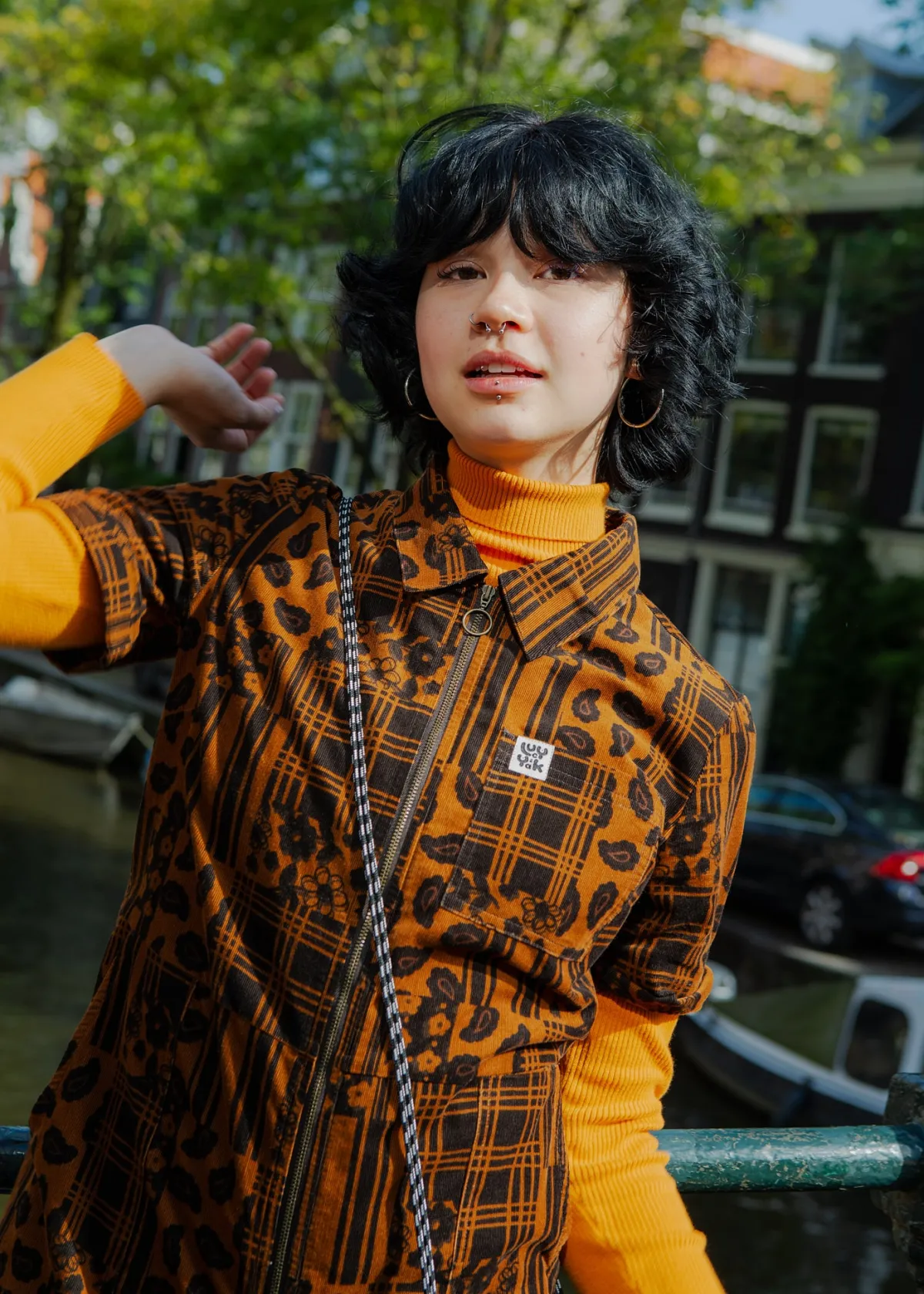 Lucy & Yak Rex - Short Sleeve Corduroy Jumpsuit in Brown Penny Patchwork Print
