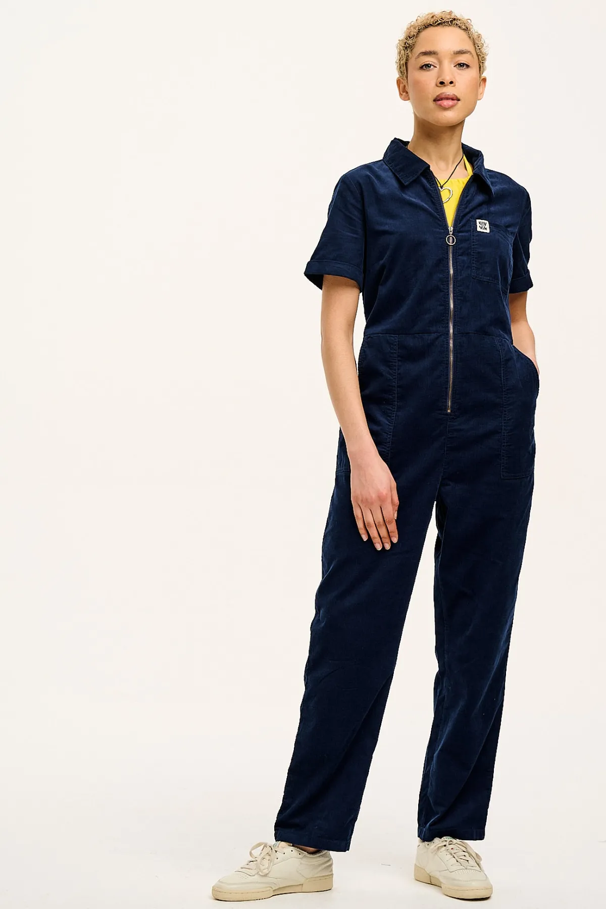 Lucy & Yak Rex - Short Sleeve Corduroy Jumpsuit in Navy Blue