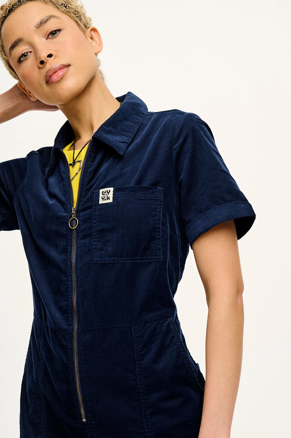 Lucy & Yak Rex - Short Sleeve Corduroy Jumpsuit in Navy Blue