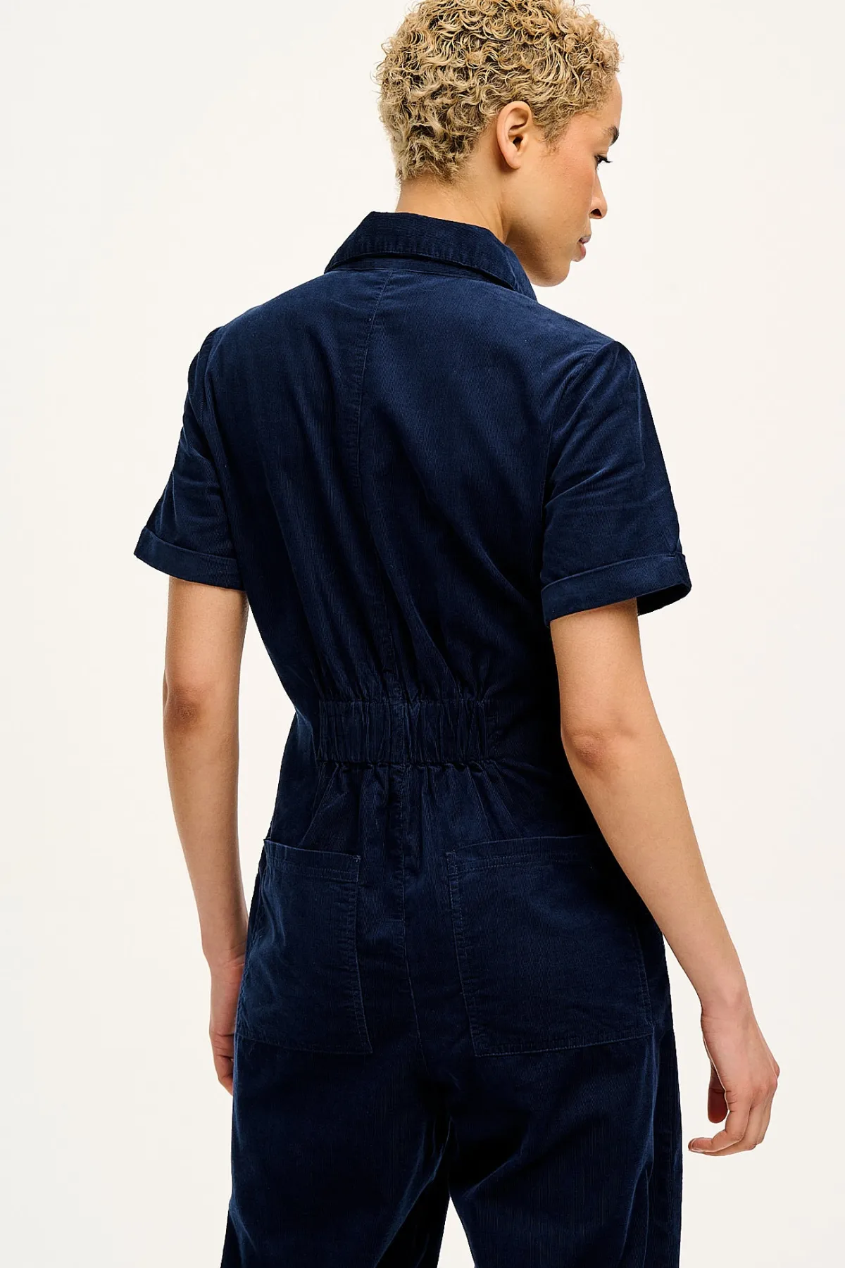 Lucy & Yak Rex - Short Sleeve Corduroy Jumpsuit in Navy Blue