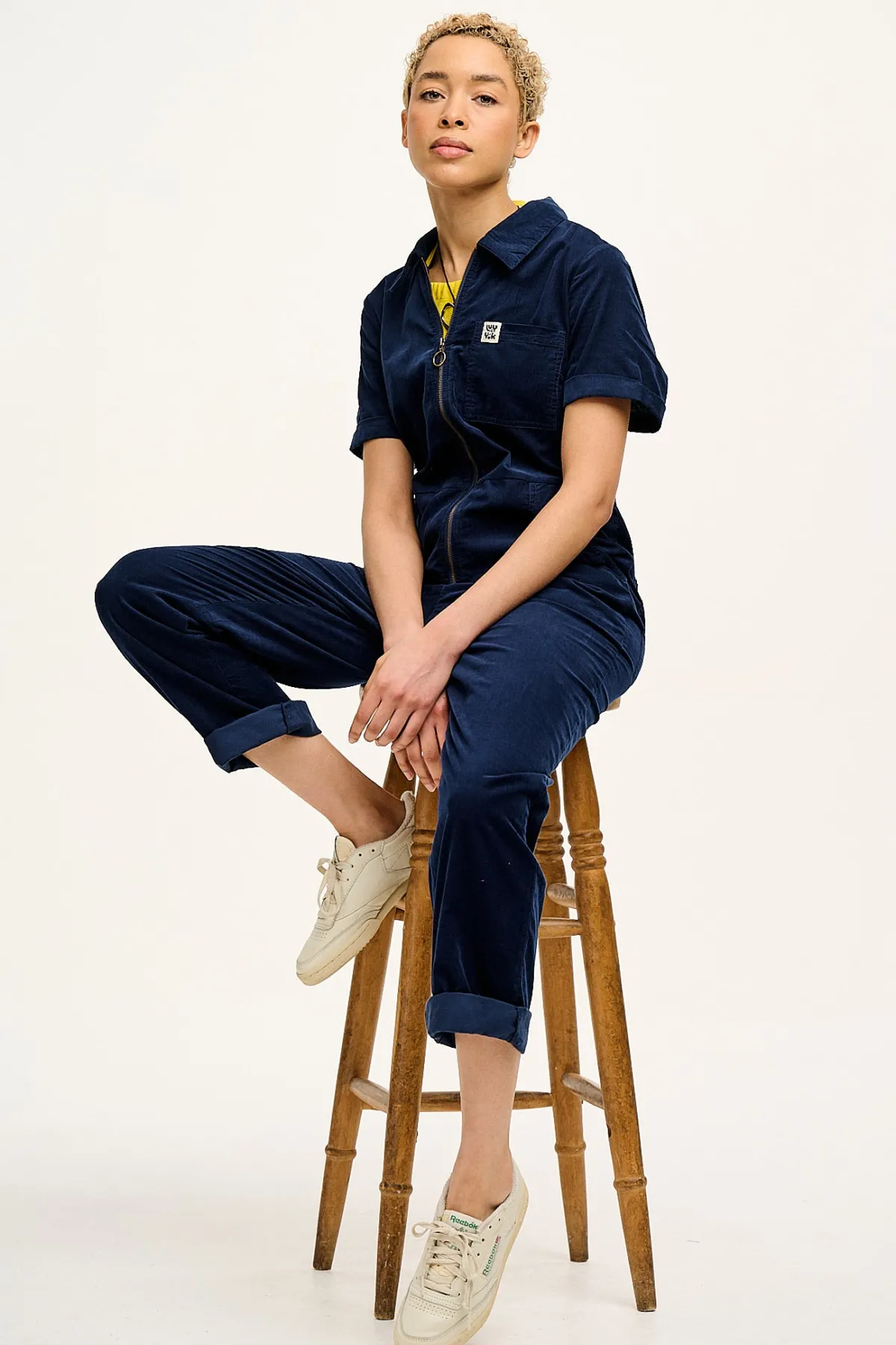 Lucy & Yak Rex - Short Sleeve Corduroy Jumpsuit in Navy Blue