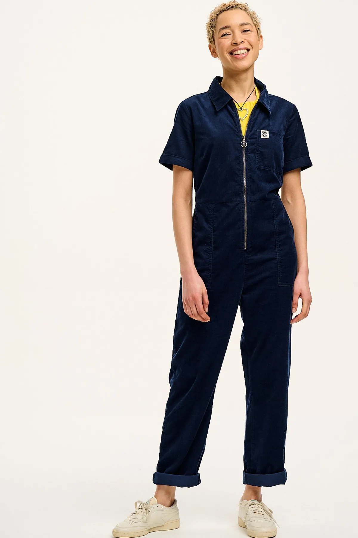 Lucy & Yak Rex - Short Sleeve Corduroy Jumpsuit in Navy Blue
