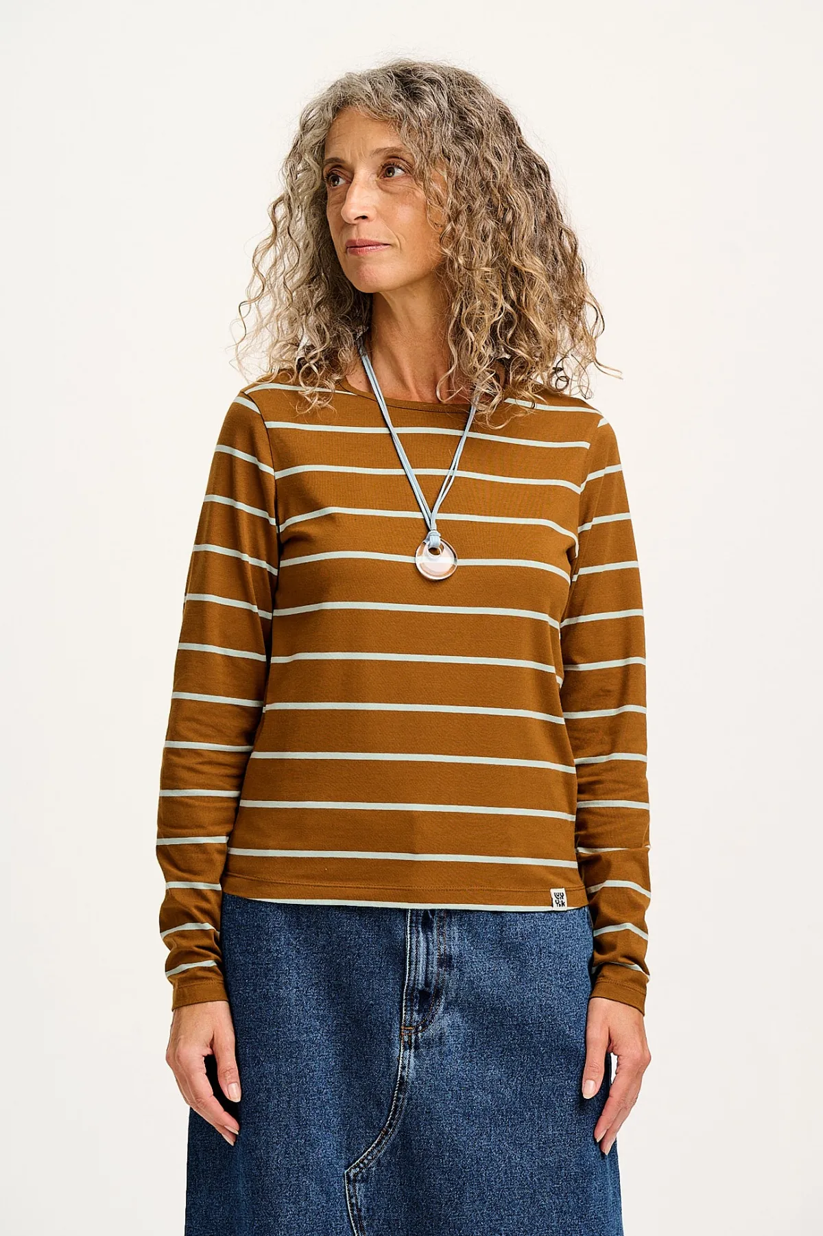 Lucy & Yak Rey - Long Sleeve Cotton Top in Caramel Stripe