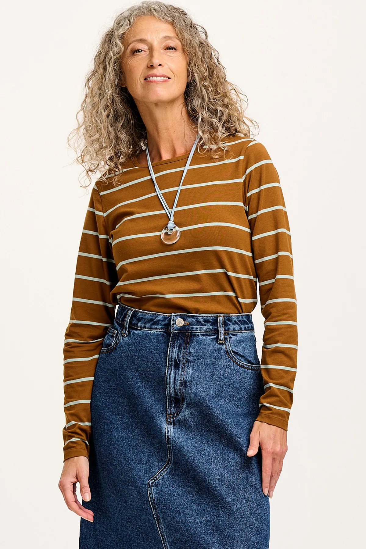 Lucy & Yak Rey - Long Sleeve Cotton Top in Caramel Stripe