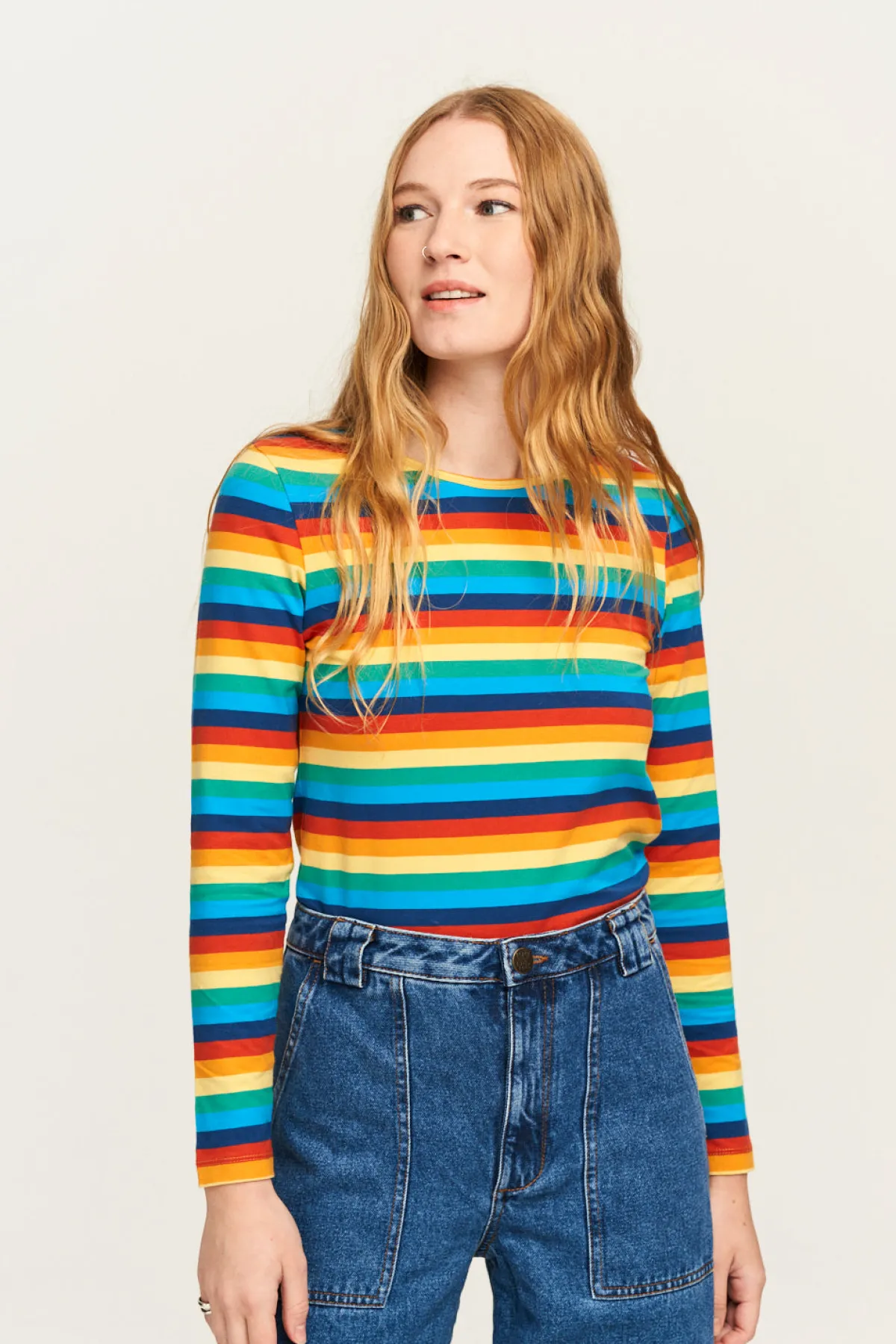 Lucy & Yak Rey - Long Sleeve Cotton Top in Rainbow Stripe