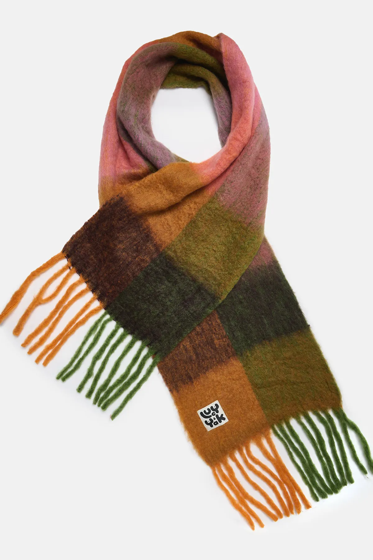 Lucy & Yak Rowan - Super Soft Scarf in Orange & Pink Checkerboard