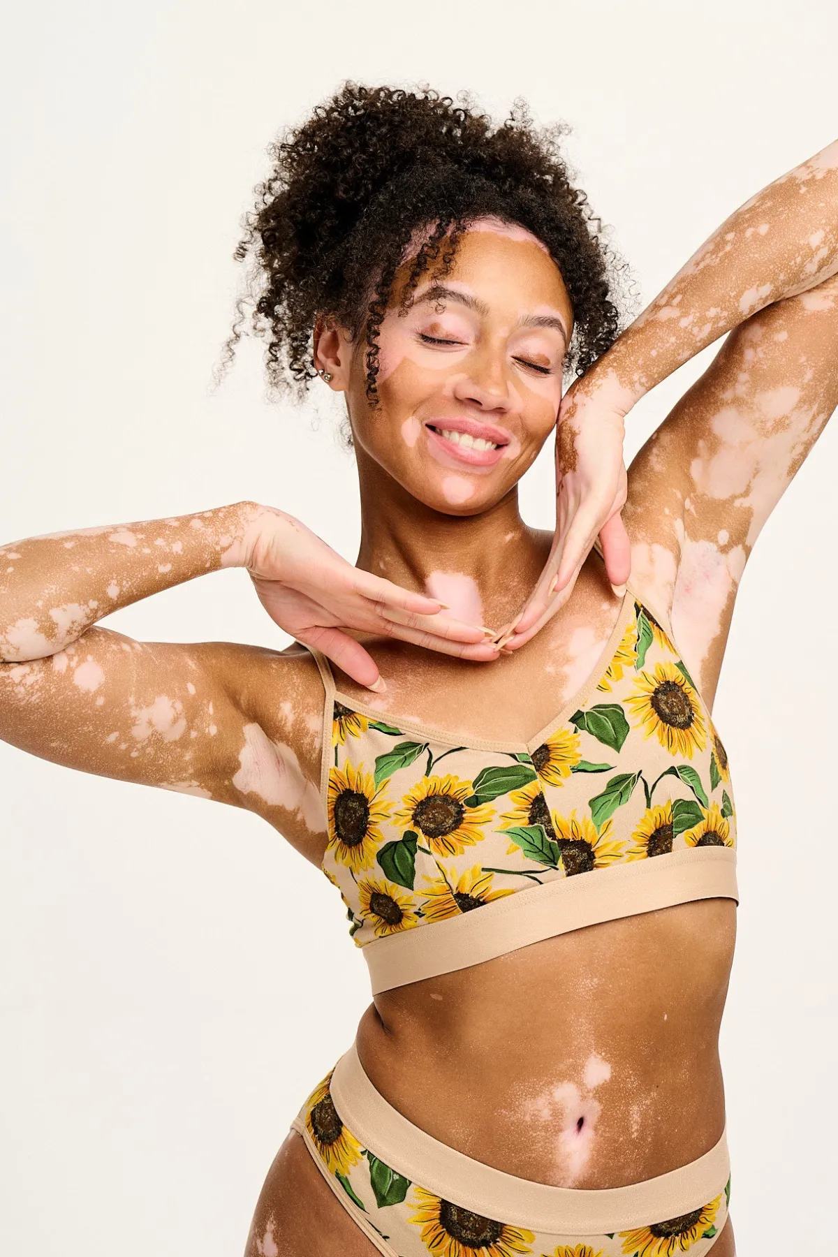 Lucy & Yak Ruby - Crop Top Cotton & Bamboo Bralette in Cream Sunflower Print