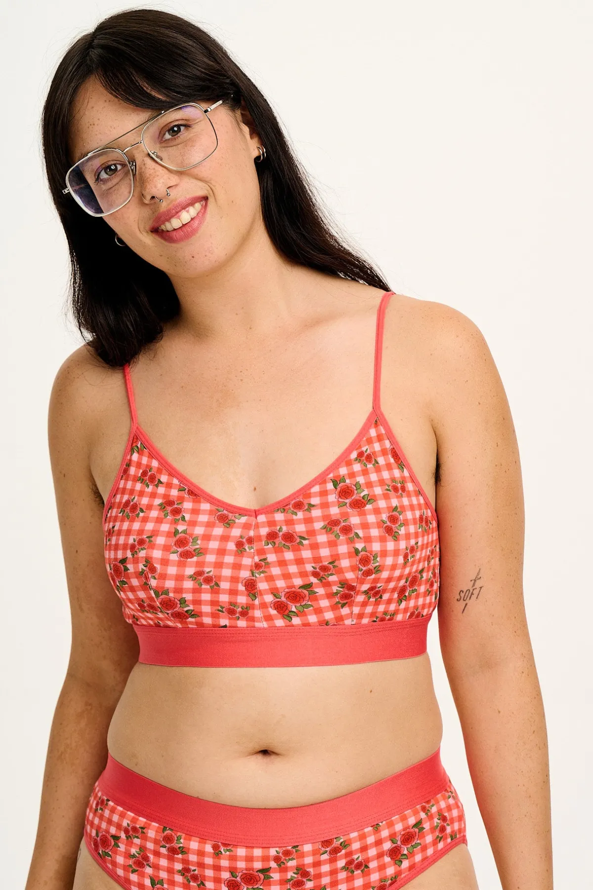 Lucy & Yak Ruby - Crop Top Cotton & Bamboo Bralette in Pink Check Rosalind Print