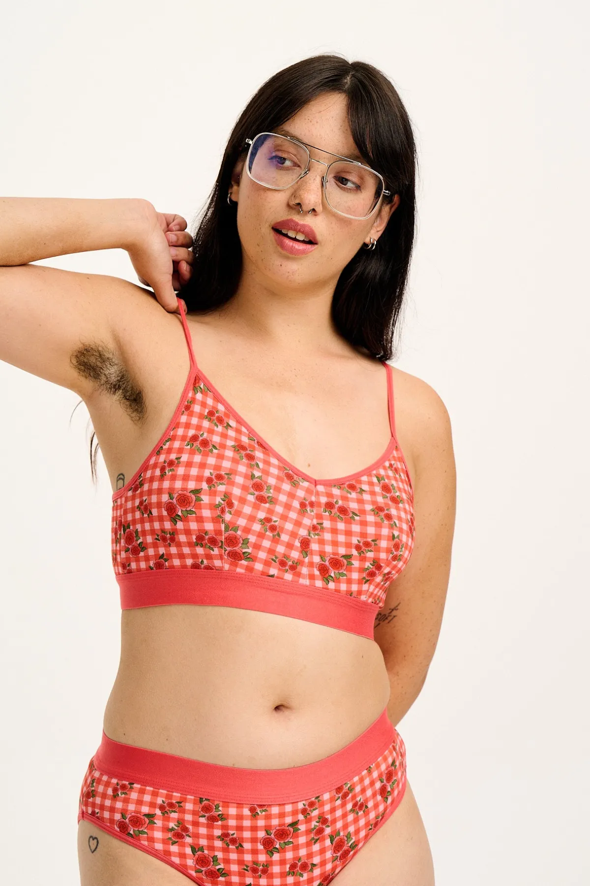 Lucy & Yak Ruby - Crop Top Cotton & Bamboo Bralette in Pink Check Rosalind Print