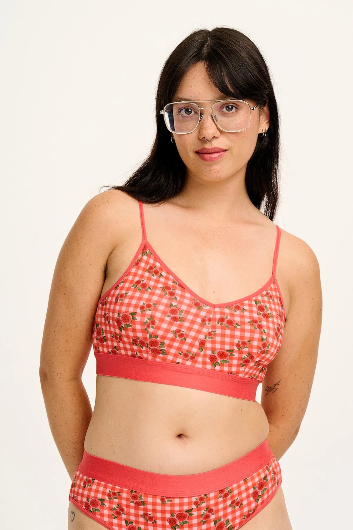 Lucy & Yak Ruby - Crop Top Cotton & Bamboo Bralette in Pink Check Rosalind Print