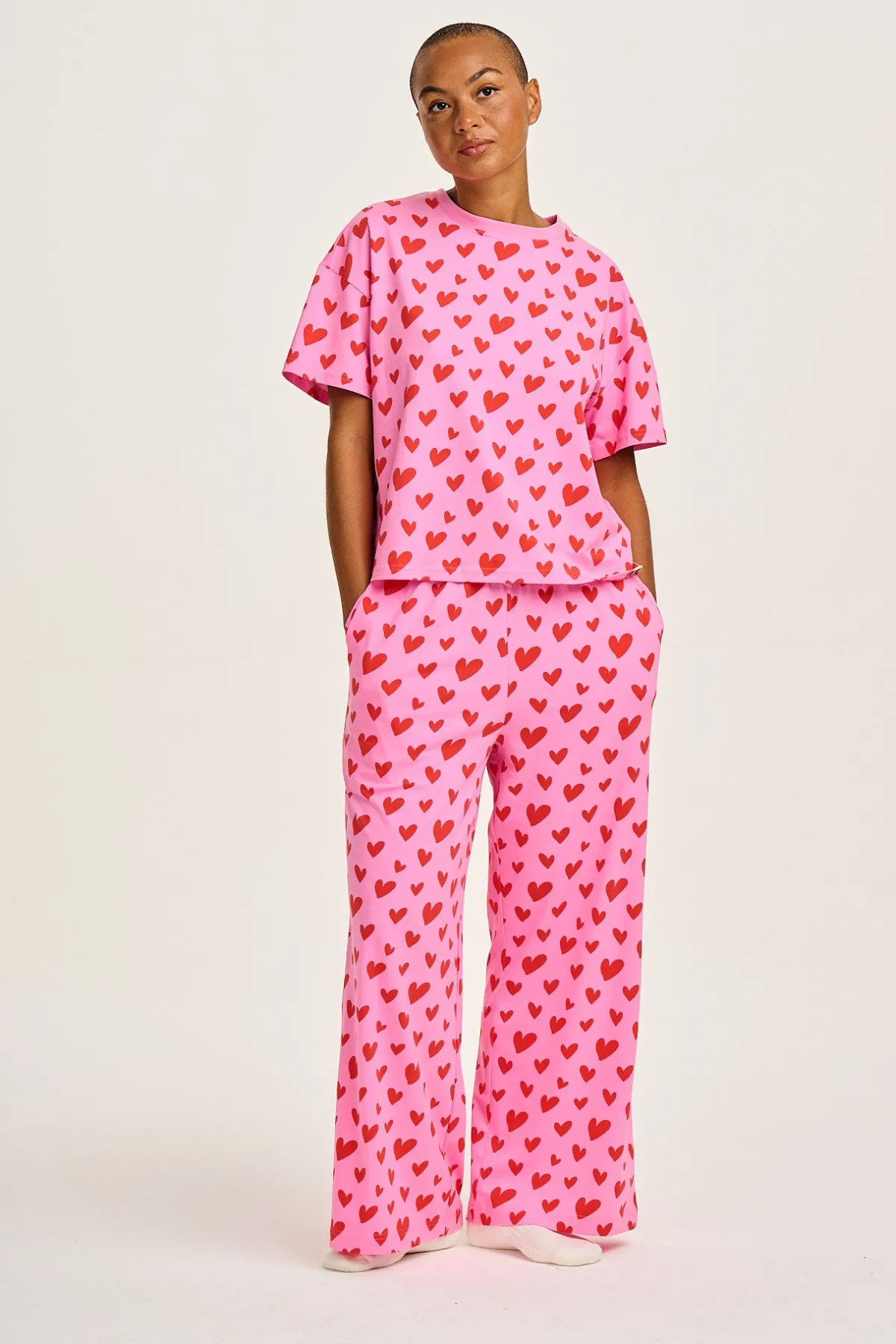 Lucy & Yak Sabrina - Soft Pyjamas in Pink Heart Cupid Print