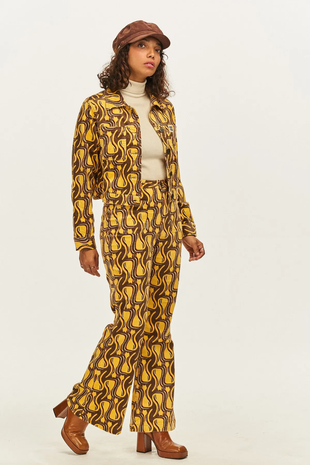 Lucy & Yak Ziggy - Flare Corduroy Trousers in Feline Fine Print