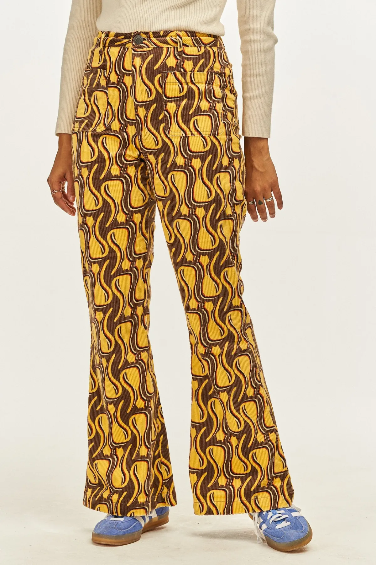 Lucy & Yak Ziggy - Flare Corduroy Trousers in Feline Fine Print