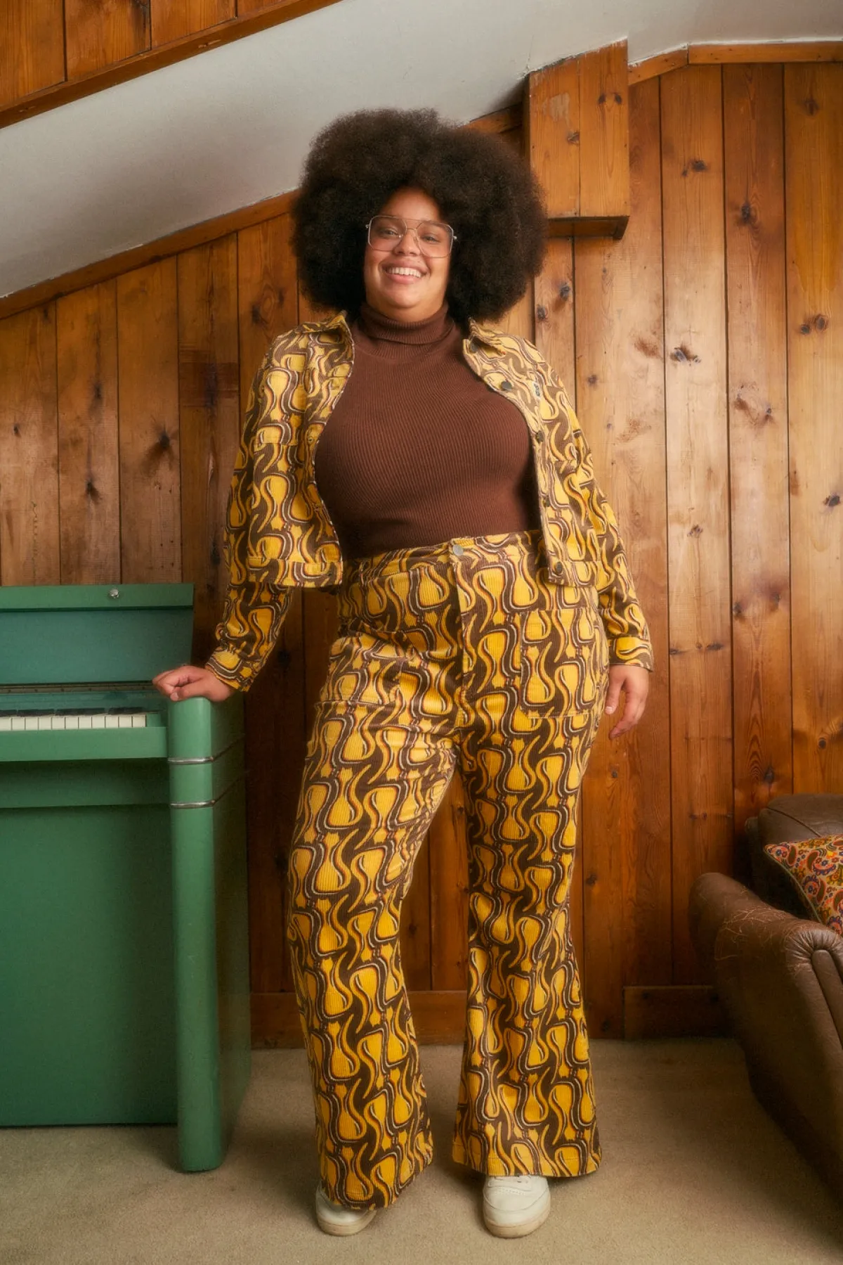 Lucy & Yak Ziggy - Flare Corduroy Trousers in Feline Fine Print